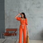 KETEN CROP KARPUZ KOL BLUZ-PANTOLON HASIR KEMERLİ - Orange