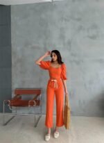 KETEN CROP KARPUZ KOL BLUZ-PANTOLON HASIR KEMERLİ - Orange