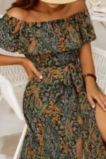 Kadın Kısa Kollu Madonna Yaka Fırfırlı Belden Yırtmaçlı Maksi Süprem Elbise - Görsel 2