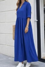 Kadın Truvakar Kollu V Yakalı Yırtmaçlı Uzun Aerobin Elbise - Görsel 2