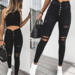 Kadın 5 Düğmeli V Detay Bel Yırtık Kot