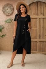 Kadın Kısa Kollu Bisiklet Yaka Düğme Detay Müslim Elbise - Görsel 4