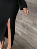 Kadın Uzun Kollu Geometrik Yakalı Yandan Yırtmaçlı Uzun Janjan Krep Elbise - Görsel 4