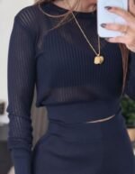 Kadın Uzun Kollu Yuvarlak Yaka Transparan Detaylı Triko Bluz Ve Pantolon Ikili Takım - Görsel 3