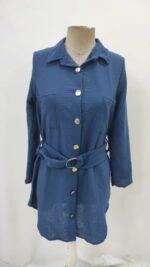 Kadın Uzun Kollu Yakalı önden Düğmeli Beli Kuşaklı Mini Ithal Keten Elbise - Görsel 3