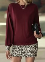 Kadın Uzun Kollu Bisiklet Yaka üst Viskon Iki Iplik Alt Leopar Desenli Mini Elbise - Görsel 2