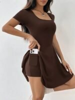 Kadın Kısa Kollu Kare Yaka Short Detaylı Cepli Dalgıç Elbise - Görsel 2