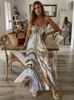 Kadın Askılı V Yakalı Desenlı Uzun Süprem Elbise - Görsel 2