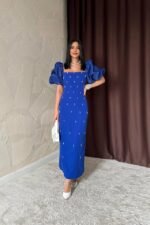 Saks İşlemeli Kolu Garnili Elbise - Görsel 2