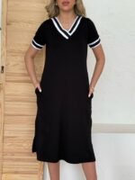 Kadın Kısa Kollu V Yaka Kol Ve Yaka Ribana Detay Midi Boy Viskon Elbise - Görsel 3