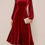 Kadın Uzun Kollu Bisiklet Yaka Midi Kadife Elbise