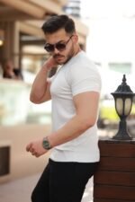 Erkek Ince çizgi Dokulu Bisiklet Yaka Kısa Kollu T-shirt - Görsel 2