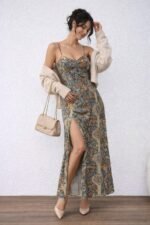 Kadın Ip Askılı Arkadan çapraz Kesim Detaylı Uzun Desenli Süprem Elbise - Görsel 3