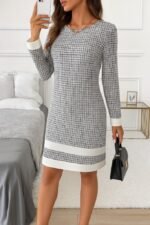 Kadın Uzun Kollu Yuvarlak Yaka Etek Ucu şerit Detaylı Mini Dokuma Elbise