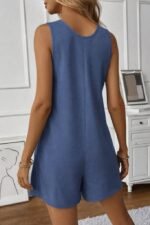 Kadın Omuz Askılı önden Düğmeli Waffle Kısa Tulum - Görsel 4