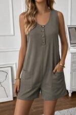 Kadın Omuz Askılı önden Düğmeli Waffle Kısa Tulum - Görsel 2