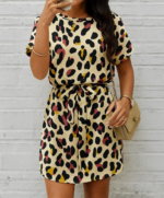 Kadın Kısa Kollu Yuvarlak Yaka Beli Kuşaklı Geometrik Desenli Süprem Elbise - Görsel 2