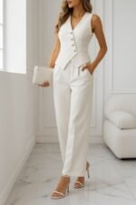 Kadın Sıfır Kollu çapraz V Yakalı önden Düğmeli Atlas Yelek Ve Pantolon Ikili Takım - Görsel 3