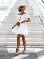 Kadın Dantel Detaylı Madonna Yaka Beli Kuşaklı Keten Kumaş Elbise - Görsel 5