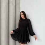 Kadın Yarım Balıkçı Yaka Kolları Transparan Astarlı Full şifon Elbise