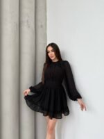 Kadın Yarım Balıkçı Yaka Kolları Transparan Astarlı Full şifon Elbise