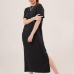 Yırtmaç Detaylı Kısa Kollu Salaş Maxi Siyah Elbise