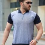 Erkek Fermuar Yakalı çizgili Kısa Kollu Tişört