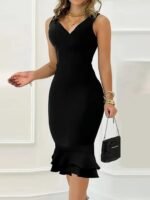 Kadın Askılı V Yaka Arkadan Fermuarlı Dalgıç Elbise - Görsel 2