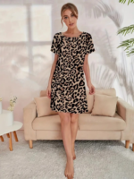Kadın Kısa Kollu Bisiklet Yaka Leopa Desen Süprem Elbise - Görsel 2