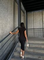 Kadın Bisiklet Yaka Vatkalı Broş Detay Kısa Kol Midi Boy Elbise - Görsel 4