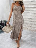 Kadın Ip Askılı V Yakalı Yırtmaçlı Uzun Süprem Elbise - Görsel 2