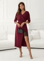 Kadın Uzun Kollu Kruvaze Yakalı Yandan Dantelli Midi Ithal Krep Elbise - Görsel 3