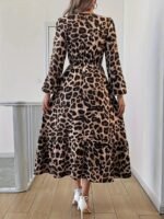Uzun Kollu Bisiklet Yaka Leopar Desenli Midi Süprem Elbise - Görsel 5