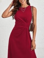 Kadın Sıfır Kollu Bisiklet Yaka Büzgülü Asimetrik Kesim Detaylı Janjan Krep Elbise - Görsel 6