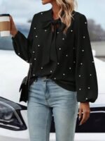 Kadın Uzun Kollu Yakadan Fiyonklu Incili Ithal Krep Bluz - Görsel 3