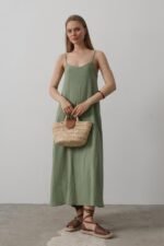 Askılı Uzun Çan Elbise - Haki - Görsel 2