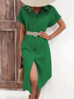 Kadın Kısa Kollu Yakalı Düğme Detay Midi Dokuma Elbise