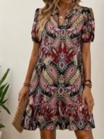 Kadın Kısa Kollu V Yakalı Desenli Kısa Süprem Elbise - Görsel 2