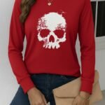 Kadın Uzun Kollu Bisiklet Yaka Kurukafa Desenli Viskon Bluz