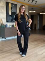 Kadın Kısa Kollu Bisiklet Yaka Viskon Iki Iplik Bluz Ve Pantolon Ikili Takım - Görsel 4