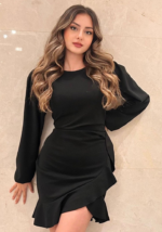 Kadın Uzun Kollu Bisiklet Yaka önden Volanlı Ithal Krep Elbise - Görsel 8