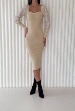 Kadın Kare Yaka Kolları Manşet Ve Tül Detay Fırsat ürün Midi Boy Elbise - Görsel 8