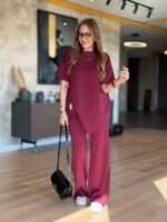 Kadın Kısa Kollu Bisiklet Yaka Asimetrik Viskon Iki Iplik Bluz Ve Pantolon Ikili Takım - Görsel 3