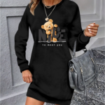 Kadın Uzun Kollu Bisiklet Yaka Ayı Desenli Viskon Iki Iplik Elbise