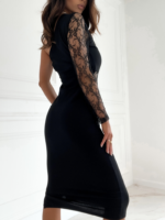 Kadın Siyah Tek Kol Dantel Detay Omuz Dekolte Krep Elbise - Görsel 17
