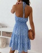 Kadın Omuzlardan Açık Beli Lastikli Desenli Kısa Süprem Elbise - Görsel 4