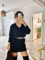 Kadın Uzun Kollu V Yakalı Mini Triko Elbise - Görsel 10
