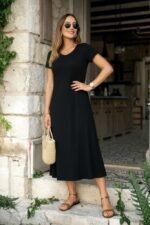 Kadın Kısa Kollu V Yakalı Yırtmaçlı Midi Viskon Elbise - Görsel 2