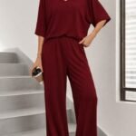 Kadın Kısa Kollu V Yakalı Viskon Bluz Ve Pantolon Ikili Takım