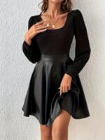 Kadın Uzun Kollu Kare Yaka üst Viskon Alt Deri Mini Elbise